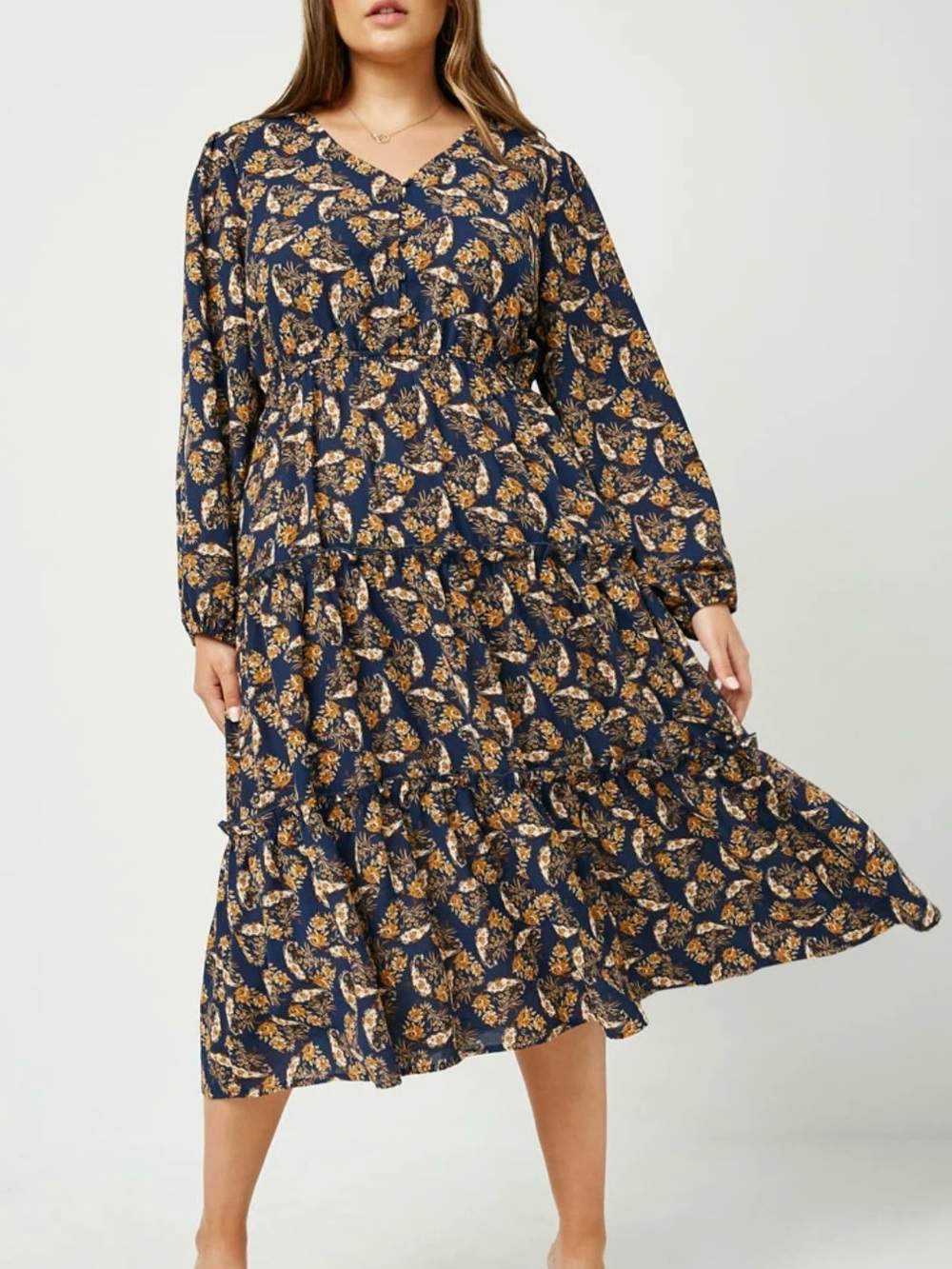 Hayden Navy and Gold Floral Long Sleeve Tiered Dress